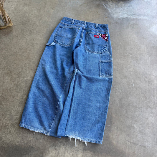 Reworked Baggy Blue Jeans (Pink Print)