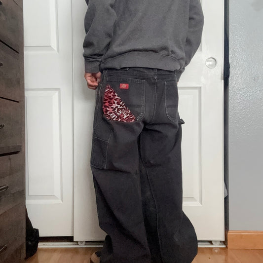Reworked Baggy Black Jeans (Pink Cheetah)